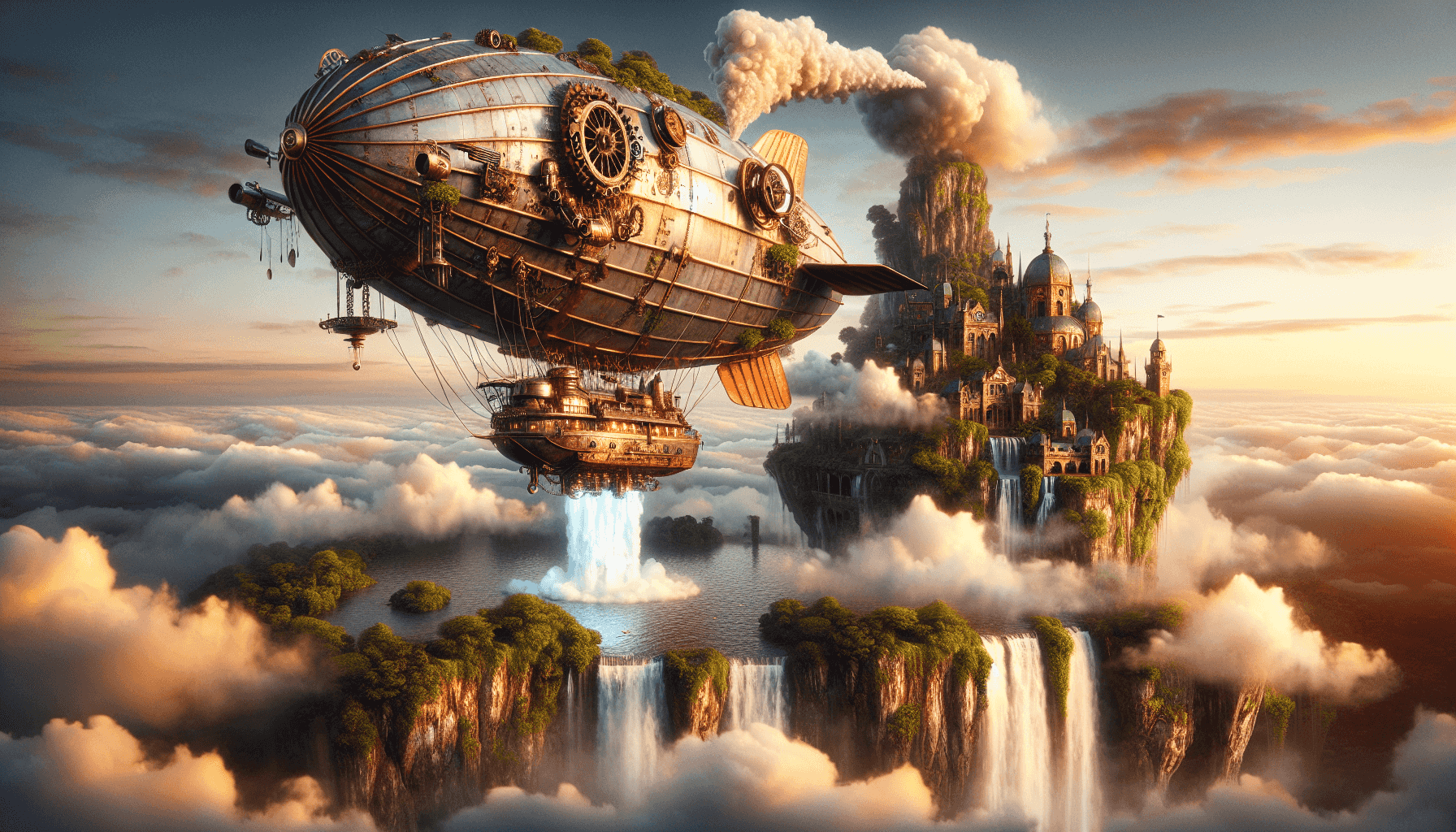 Aéronef steampunk survolant une île flottante