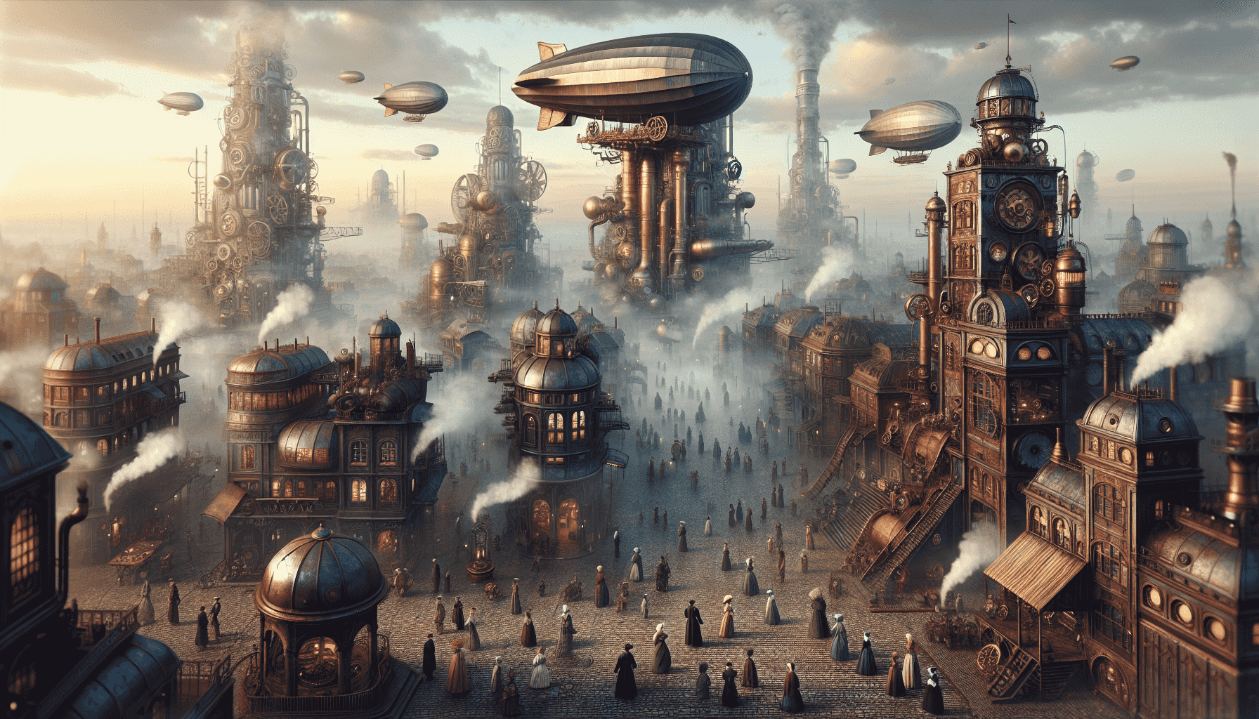 Vue panoramique d'un monde steampunk